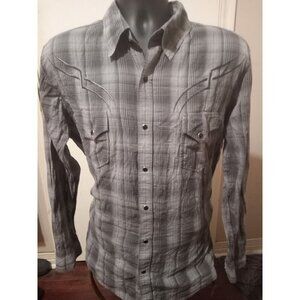 Rock 47 By Wrangler Pearl Snap Shirt Men's XL Gray Plaid Embroidered Skull Logo